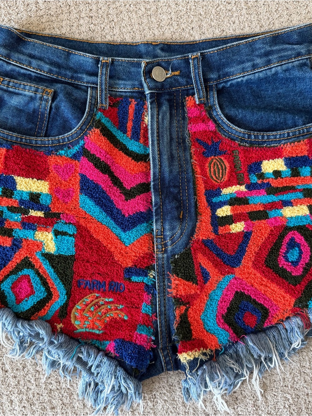 FARM Rio Colorful Embroidered High-Rise Patchwork Jean Shorts - Picture 2 of 6